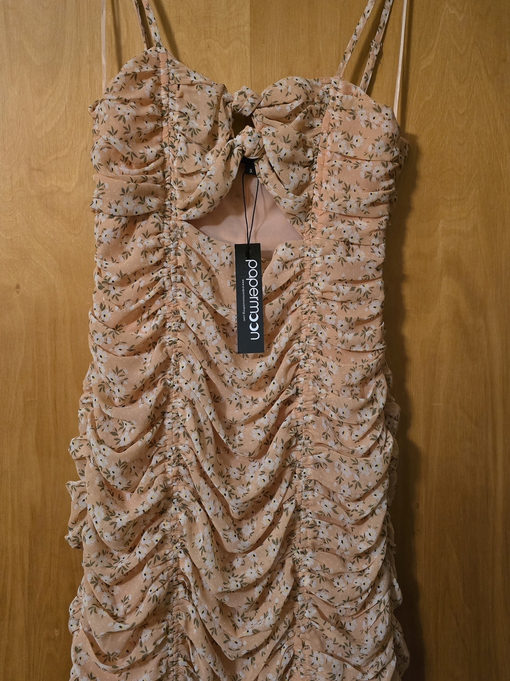 Papermoon Peach Floral Ruched Mini Dress